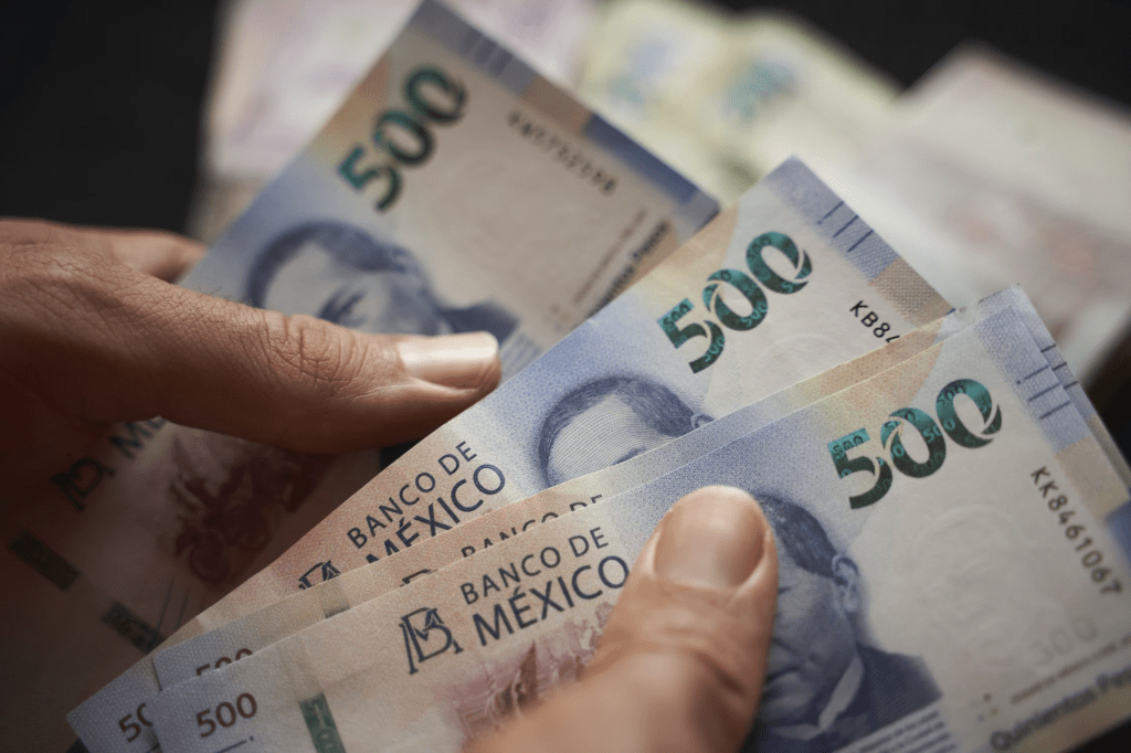 Pesos mexicanos en mano