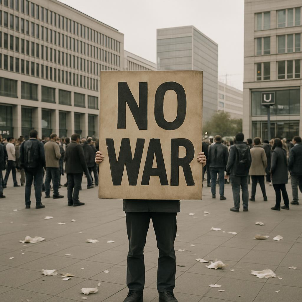 Man holding sign that says 'No War' in a crowd of people.
