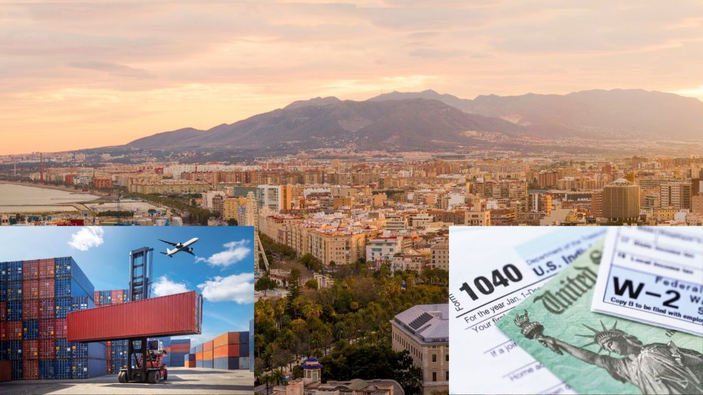 Panorama urbano con contenedores de carga y avión, junto a formularios fiscales de EE. UU.; análisis de comercio e impuestos.