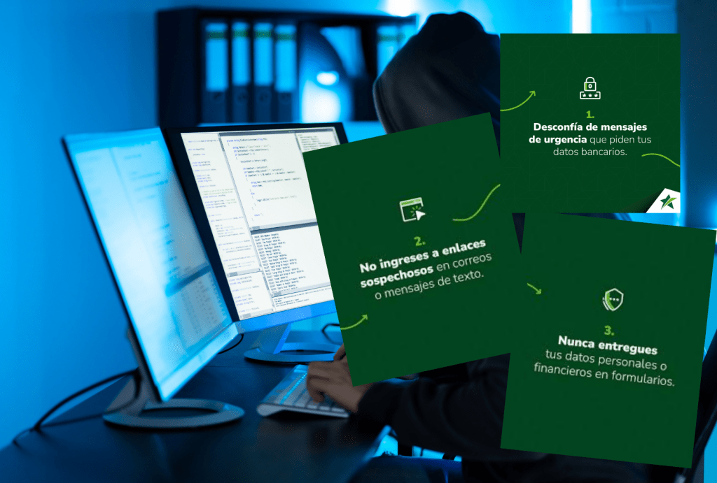 Una persona en un entorno digital oscuro observa varias pantallas con códigos y mensajes sobre seguridad, mientras se muestran consejos sobre cómo evitar estafas cibernéticas.