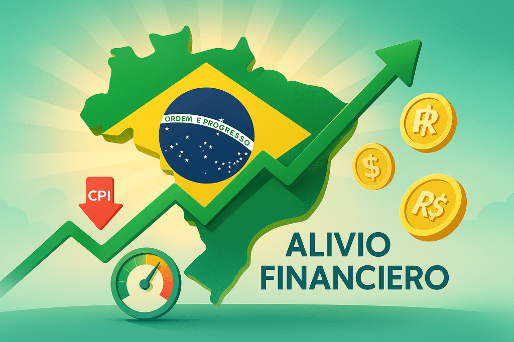Mapa de Brasil con flecha verde ascendente y señales de alivio económico; monedas del real.