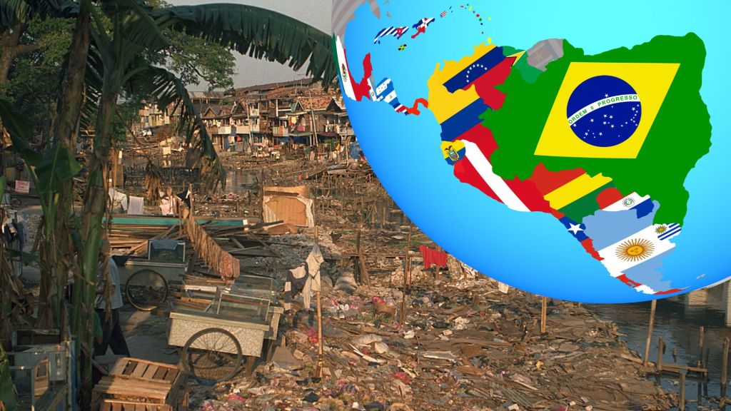 Asentamiento informal y globo de América Latina con Brasil destacado; análisis regional.