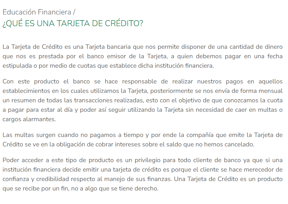 Texto explicativo sobre el funcionamiento de una tarjeta de crédito, enfatizando su uso y responsabilidades financieras.