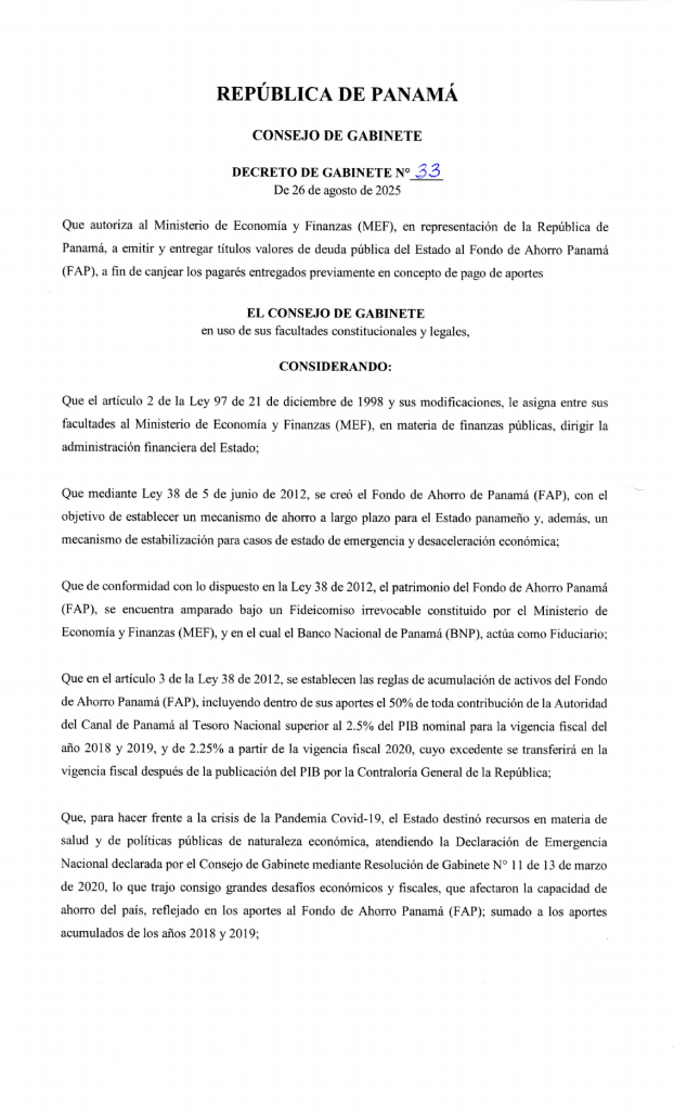 Documento oficial del Consejo de Gabinete de Panamá que presenta el Decreto N.° 33, autoriza al Ministerio de Economía y Finanzas a emitir bonos de deuda pública para el Fondo de Ahorro de Panamá.