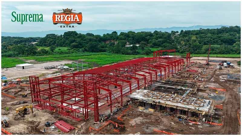 Construcción de una nueva planta de producción de cerveza con estructuras metálicas visibles y maquinaria en un sitio verde.