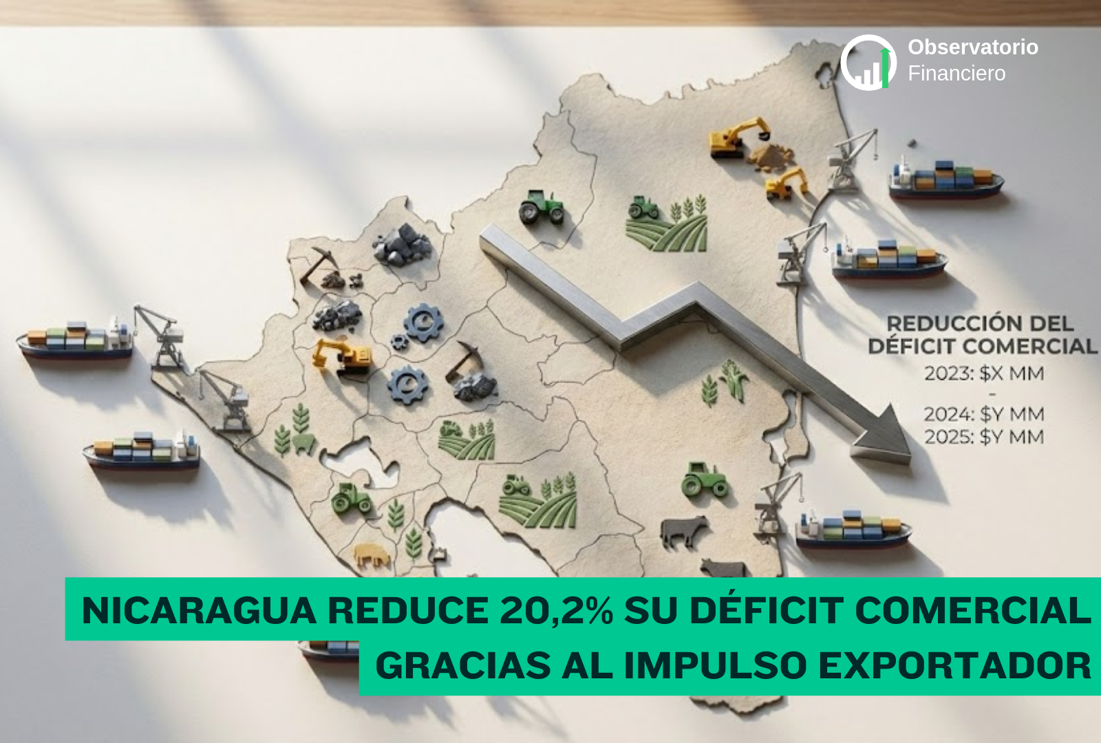 Mapa de Nicaragua con contenedores, buques y símbolos de minería y agricultura, una línea descendente representando la reducción del déficit comercial, estilo infografía económica limpia, fondo claro, colores sobrios.
