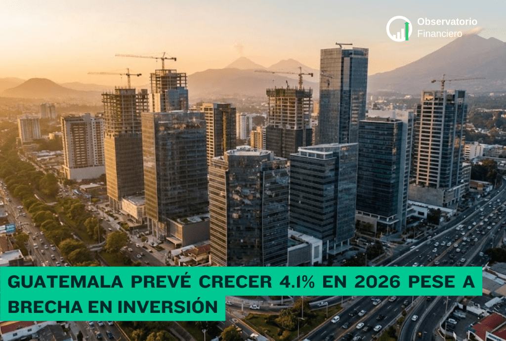 Professional business photograph showing Guatemala City skyline with modern office buildings and infrastructure, aerial view of financial district with construction cranes visible, warm natural lighting at golden hour, business and economic development concept, high quality architectural photography