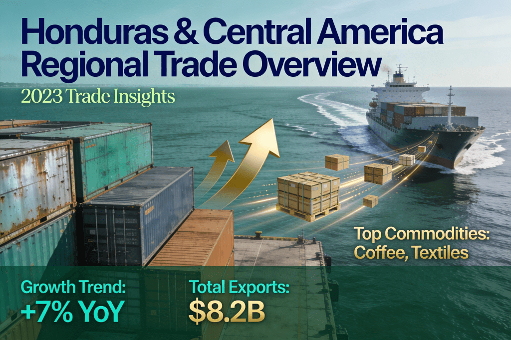 Visión general del comercio regional de Honduras y Centroamérica en 2023, destacando un crecimiento del 7% interanual y exportaciones totales de 8.2 mil millones de dólares, con los principales productos siendo café y textiles.