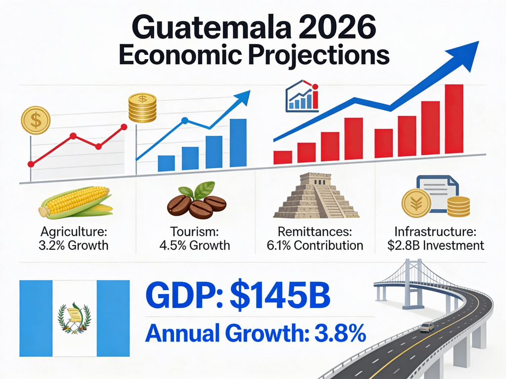 Proyecciones económicas de Guatemala 2026: Crecimiento del 3.2% en agricultura, 4.5% en turismo, 6.1% de contribución de remesas y $2.8B en inversión en infraestructura. PIB: $145B con un crecimiento anual del 3.8%.