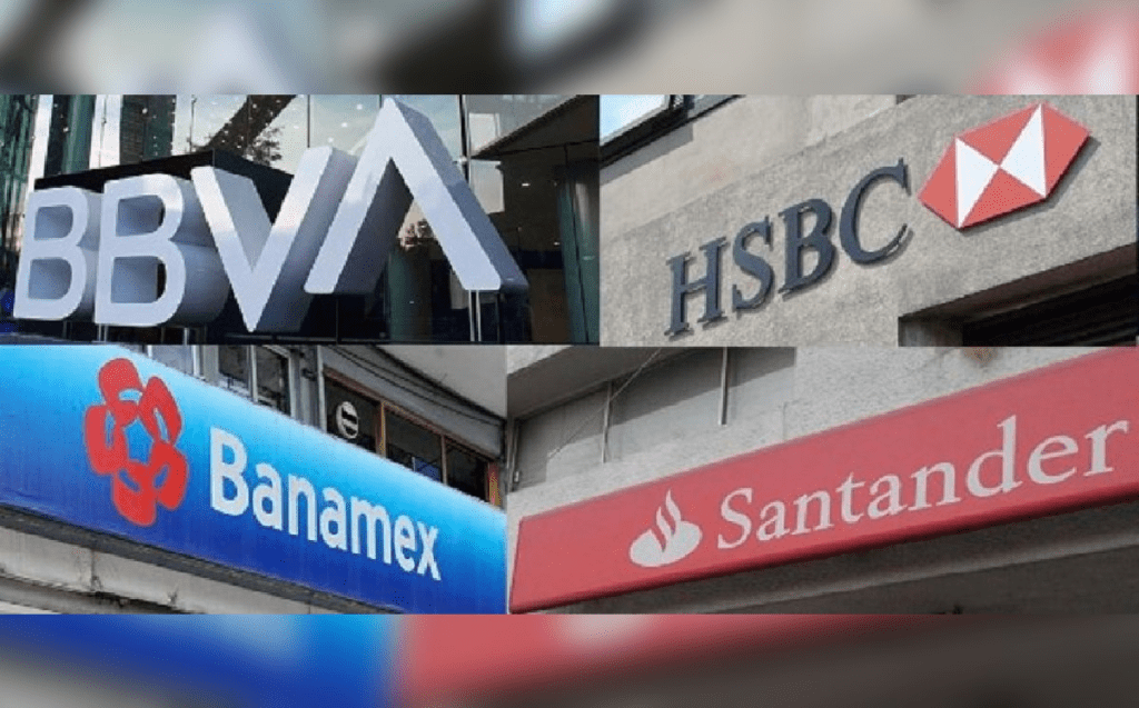 Logos de bancos en un collage, incluyendo BBVA, Banamex, HSBC y Santander.