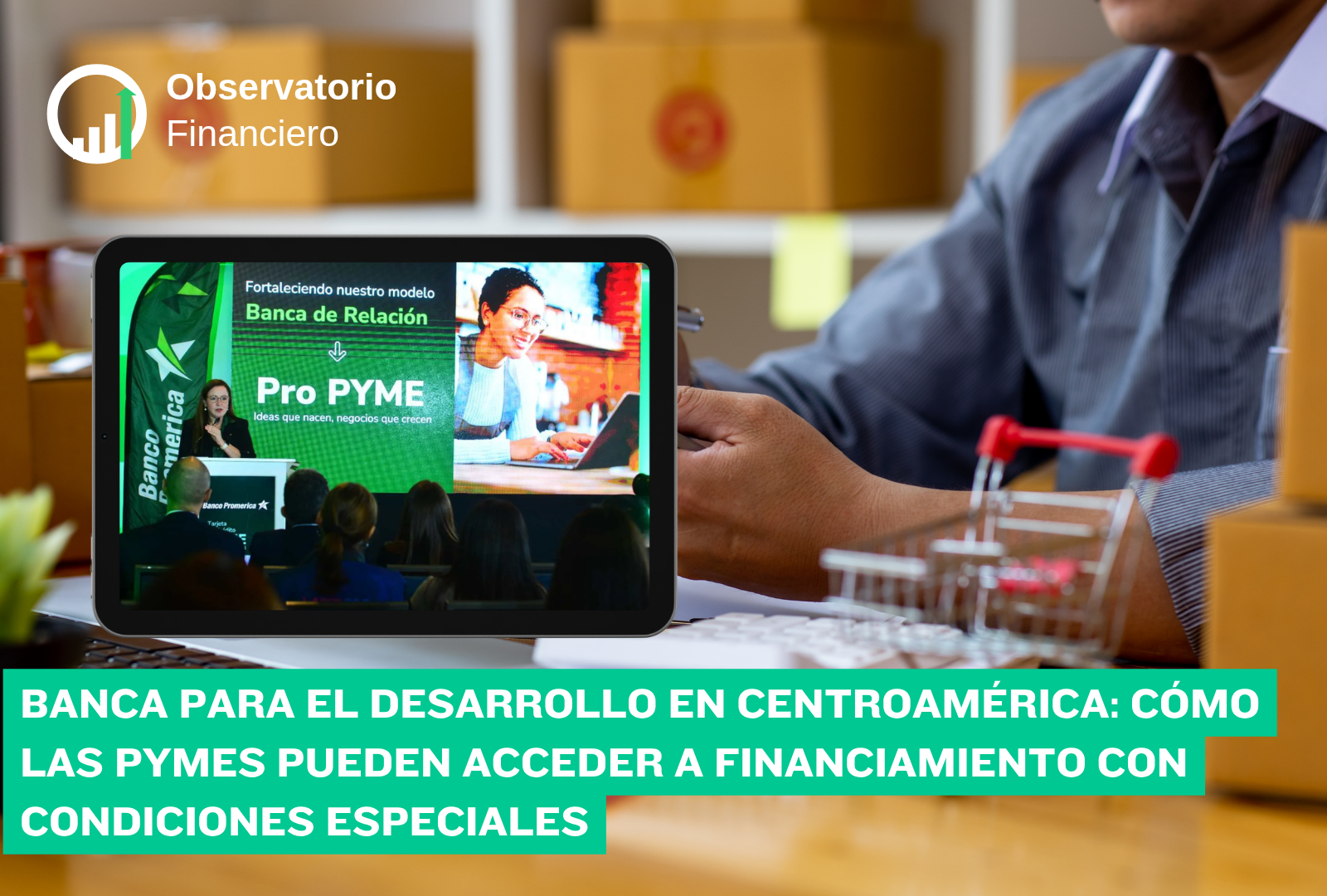 Hombre contando dinero de fondo junto a una tablet con una conferencia Pro Pymes de Banco Promerica